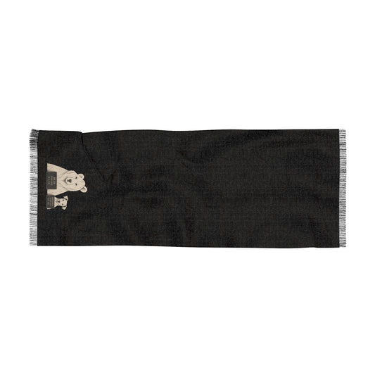 Bear Illustration Scarf — Lightweight Cozy Knit Scarf with Small Bear & Bird Design